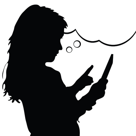 child with tablet silhouette illustration in blackのイラスト素材