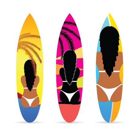 surfboard with girl on it set color illustrationのイラスト素材