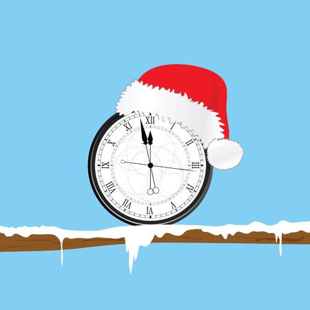 new year clock with christmas hat and snow illustration in colorfulのイラスト素材