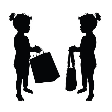child with shopping bag silhouette set illustration on whiteのイラスト素材