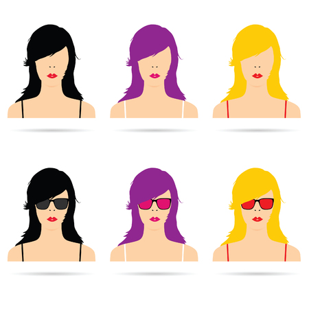 woman head with sunglasses set illustration in colorfulのイラスト素材