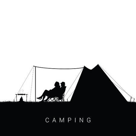 camping in nature with people silhouette design illustrationのイラスト素材
