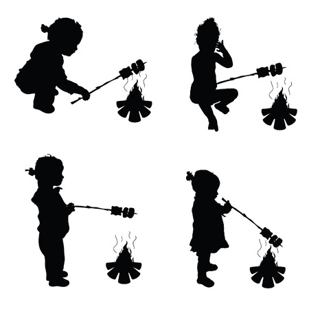 children make barbecue on fire silhouette illustration in blackのイラスト素材