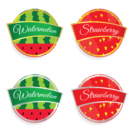 label of fruit watermelon and strawberry design set illustration art in colorfulのイラスト素材