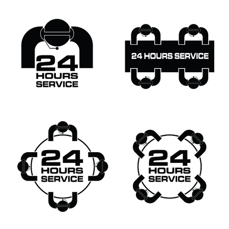 24 hour service with people icon set art illustration in black colorのイラスト素材