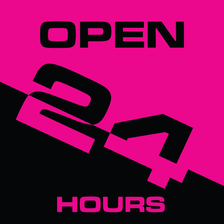 24 hour open icon in pink and black color art illustration