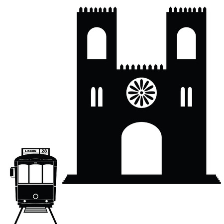 Lisbon tramway in black color with building art illustrationのイラスト素材