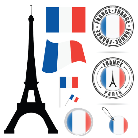 france flag set with tour eiffel design illustration in colorful on whiteのイラスト素材
