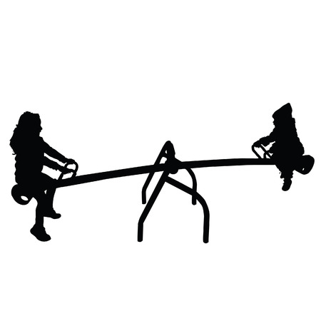 children silhouette on teeter in black color art illustrationのイラスト素材