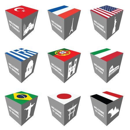 flag and ancient monuments on cube illustration in colorfulのイラスト素材