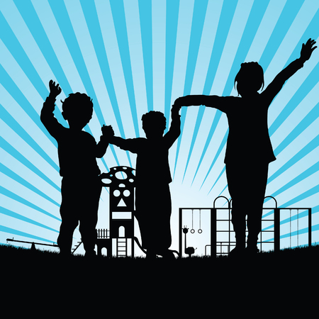 Children in the park silhouette illustraton on blue backgroundのイラスト素材