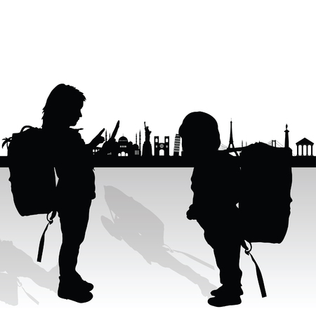 children silhouette behind historic monument art illustrationのイラスト素材