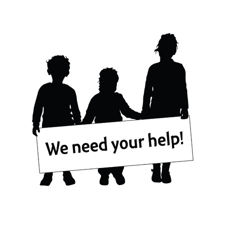 children silhouette with card we need help illustration in black colorのイラスト素材