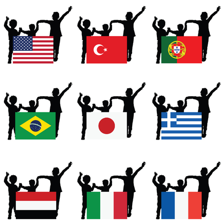 children with flags set illustration in colorfulのイラスト素材