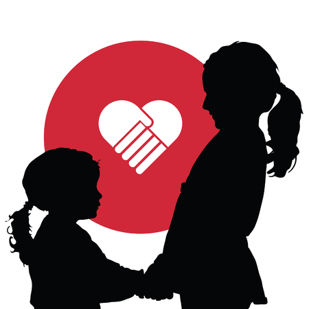 children silhouette with red heart illustration on whiteのイラスト素材