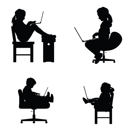 children silhouette sitting on chair with laptop set illustrationのイラスト素材