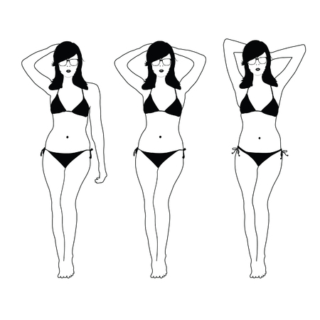 girl line in black and white line set illustrationのイラスト素材