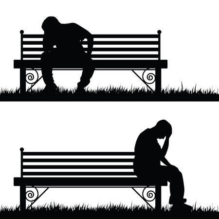 man silhouette sitting and thinking in park set illustrationのイラスト素材