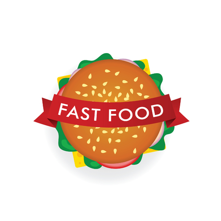 hamburger and red fast food ribbon illustration on whiteのイラスト素材
