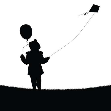 child with balloon and flying dragon silhouette Vector illustration.のイラスト素材