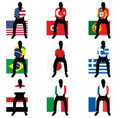Man silhouette sitting on world flag art illustration.のイラスト素材