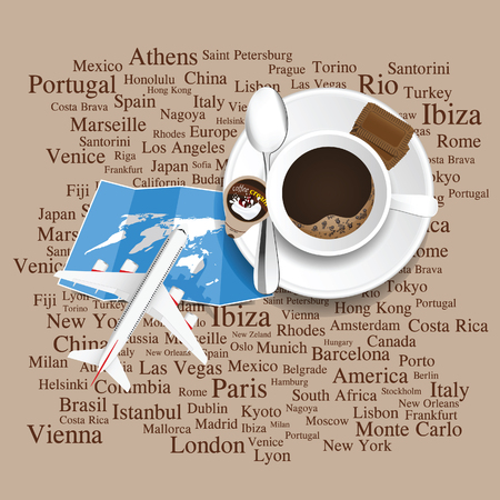 coffee cup with airplane and map traveling background on brownのイラスト素材