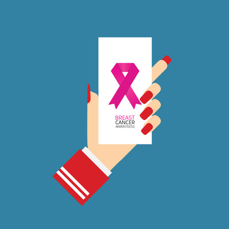 Brest cancer awareness symbol on card in hands illustration on blue backgroundのイラスト素材