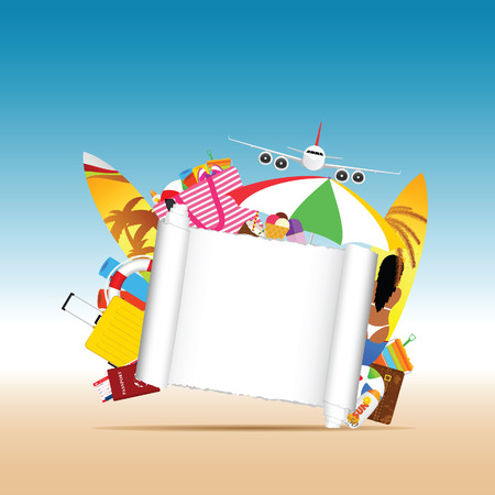 travel background illustration with white paper banner and stuffのイラスト素材