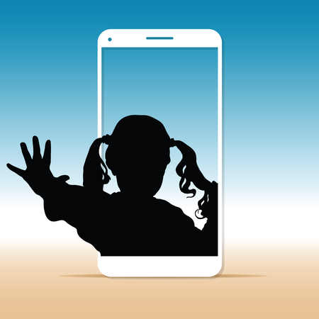 child silhouette sweet on cellphone illustration in colorfulのイラスト素材