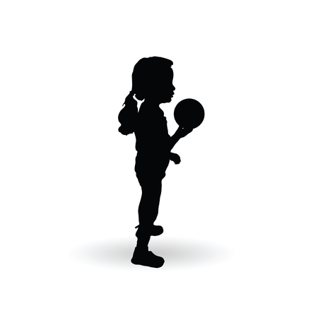 girl silhouette little and sweet with ball illustration in black colorのイラスト素材