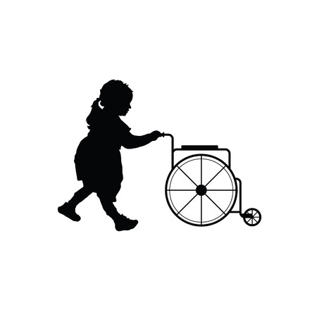 girl black silhouette pushes a wheelchair vectorのイラスト素材