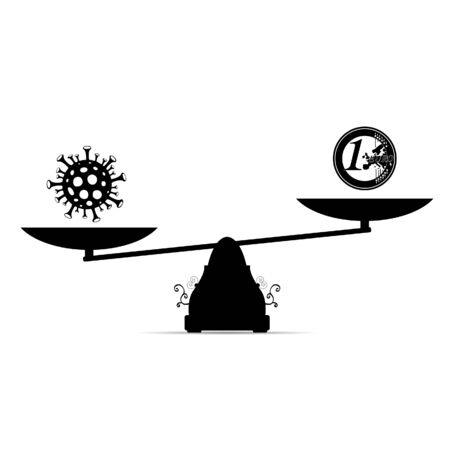 coronavirus with euro coin on scales illustration in blackのイラスト素材