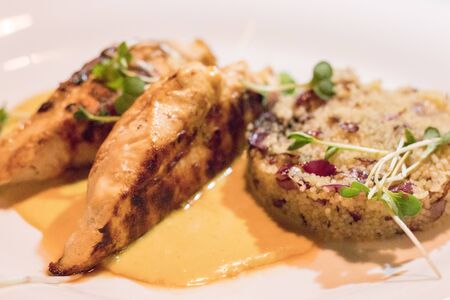 Cous cous and grilled chicken fillet with sause and cress salad servedの写真素材