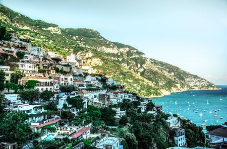 Aerial panoramic view on Positano hills mountains and Tyrrhenian sea on Amalfi coast, Campania, Italy.の写真素材