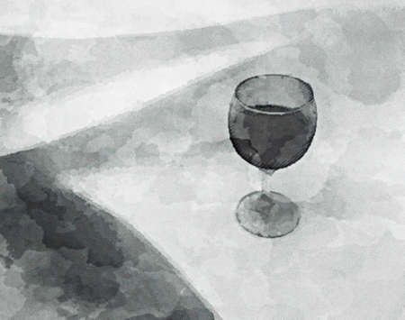 Black and white watercolors effect illustration of red wine glassの写真素材