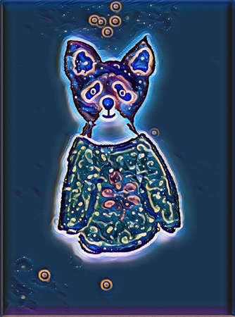 Illustration image of cute glowing neon, violet fox in a night in big sweater with chestnut autumn leaf and green spots, oil painting style image on dark blue background with space for textの写真素材