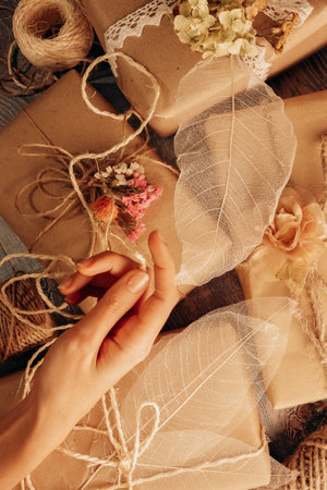 Florist wrapping present boxes of ecological materials with woman hand in rustic spring style. Top viewの写真素材