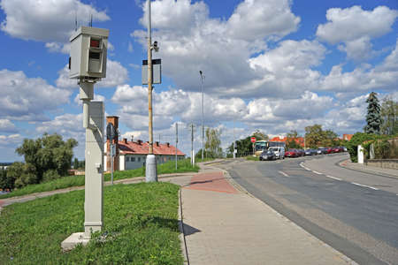 Automatic radar speed camera on street with speed limitの写真素材