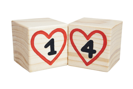 Valentine's day. Wooden cubes with handwritten number one and four inside red hearts. Isolated on a white background.の写真素材