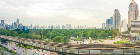 Panorama Bangkok City with electric Sky train rail On Top of the road の写真素材