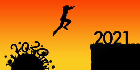 Silhouette woman jumping from 2020 cliff to 2021 cliff on sunrise time