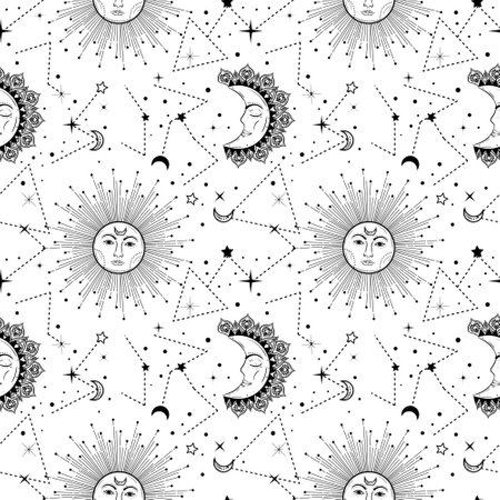 Bohemian seamless pattern with sun, moon, stars and constellation. vintage style. Gypsy and hipster vector illustration. Astronomy and astrology symbol.のイラスト素材