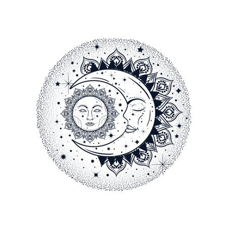 Sun eclipse concept. Vector illustration of astronomy and astrology symbol. Vintage, Boho or gypsy styleのイラスト素材
