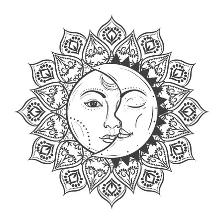 Sun eclipse concept. Vector illustration of astronomy and astrology symbol. Vintage, boho, gypsy style.のイラスト素材