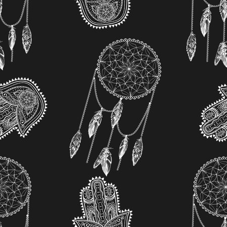 Bohemian pattern with hamsa and dreamcatcherのイラスト素材