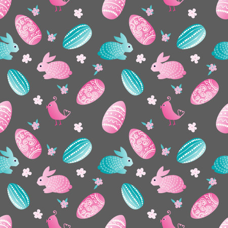Easter pattern with rabbit, eggs and birdのイラスト素材