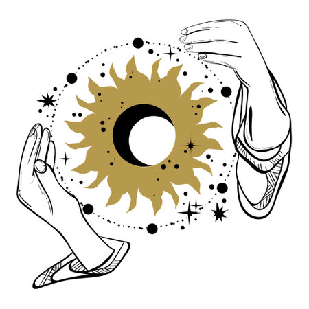 Vintage boho illustration with magic hands and planets. Astrology and astronomy concept.のイラスト素材