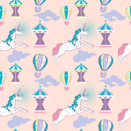 Childish vector seamless pattern of a carousel unicorn with baloons.のイラスト素材