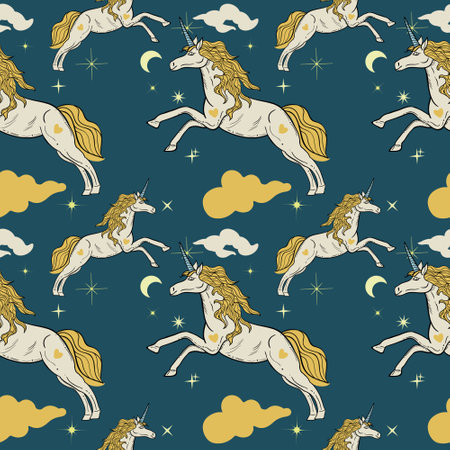 Vintage trendy pattern with unicorns and night sky.のイラスト素材