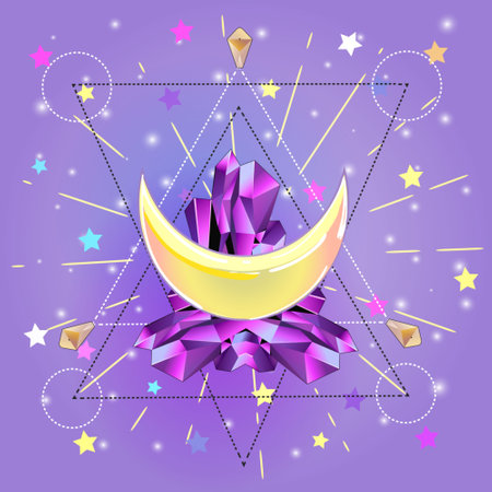 Pastel goth illustration with crescent moon with crystals,rays and stars.Sacred geometry style with space background.Trendy print.のイラスト素材